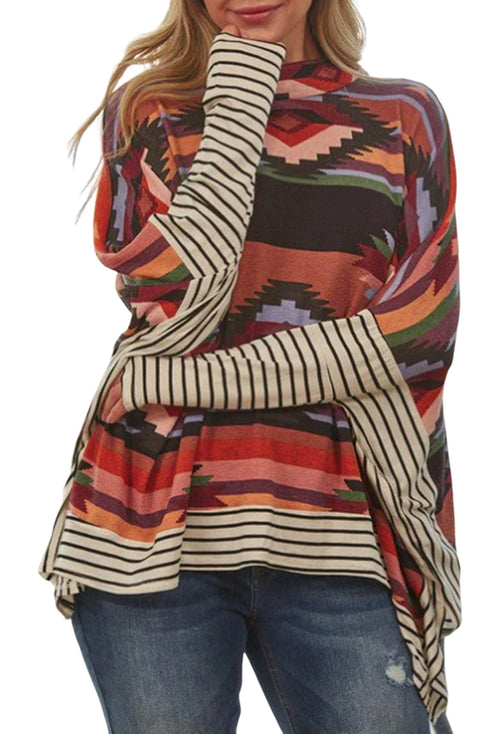 Multicolor Western Aztec Striped Mock Neck Dolman Sleeve Top